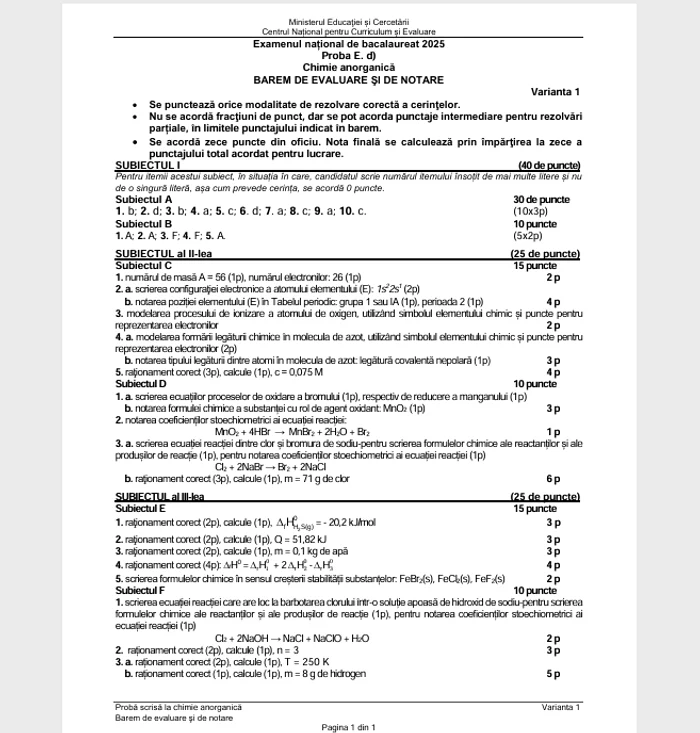 Barem proba Chimie anorganică. FOTO edu.ro