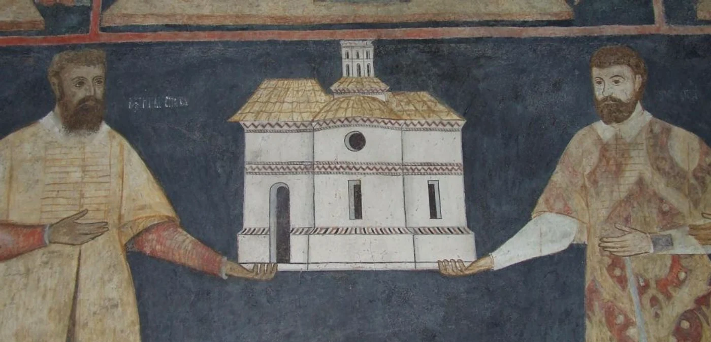 Preda şi Radu Buzescu, ctitorii Mânăstirii Călui ,reprezentaţi pe fresca din pronaos FOTO  site http://www.episcopiaslatinei.ro/