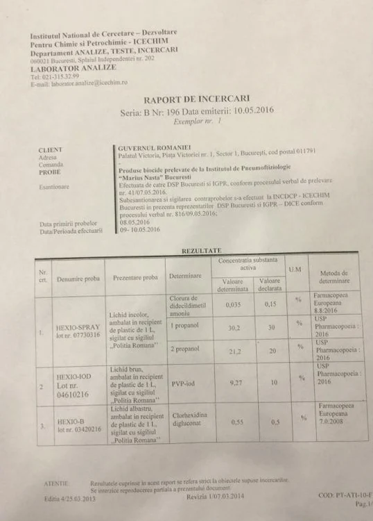 Rezultatele probelor recoltate de la Institutul „Marius Nasta”
