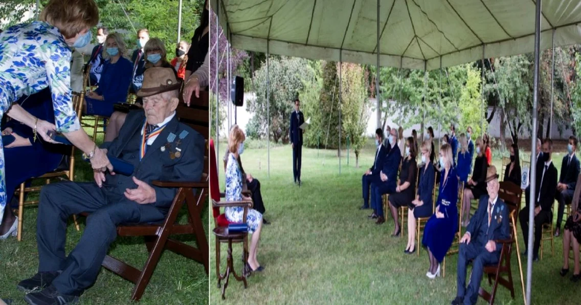 Veteranul de război Constantin Herţoiu de 106 ani din Câineni - Vâlcea - cea mai în vârstă personalitate decorată de Casa Regală Foto colaj romaniaregala ro