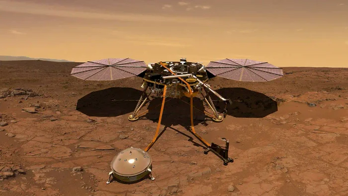 Reprezentare artistică a modulului de aterizare InSight care operează pe Marte. FOTO nasa.gov