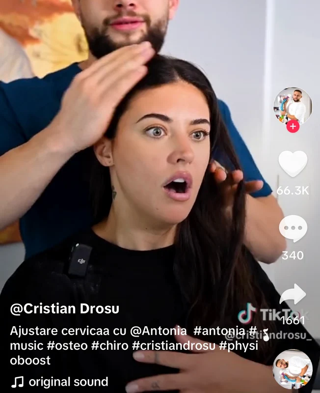 „Noi astăzi o să ne focusăm pe musculatura suboccipitală, fix din spatele cervicalei, musculatura trapezului superior și musculatura gâtului...", i-a spus terapeutul Antoniei
