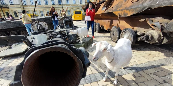 Oamenii privesc resturile tancurilor rusesti distruse expuse in piata Mikhailovsaya din centrul Kiev Ucraina FOTO Profimedia