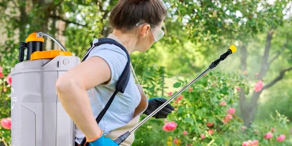 Femeie cu pompă de stropit în grădină Foto eMAG jpg