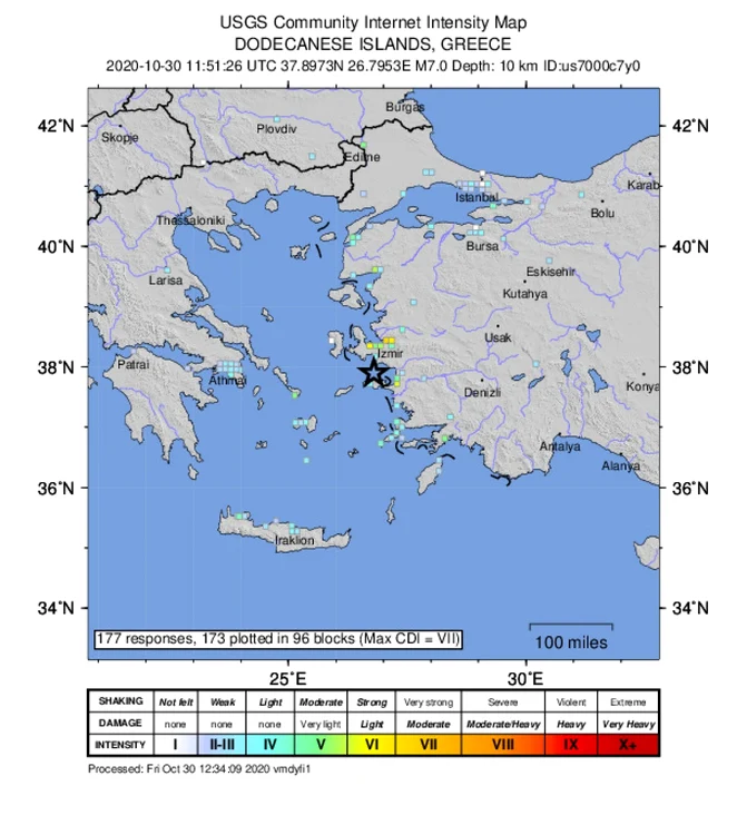 Harta cutremur Grecia Turcia 30 octombrie 2020 FOTO EPA-EFE / USGS