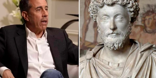 Jerry Seinfeld (foto Graham Bensinger - Youtube) și Marcus Aureliu, Sursa Wikipedia