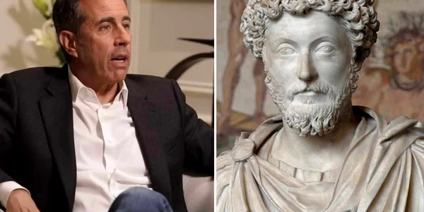 Jerry Seinfeld (foto Graham Bensinger - Youtube) și Marcus Aureliu, Sursa Wikipedia