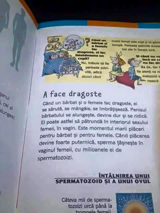 Profesorii au postat şi fotografia alăturată care face vâlvă de ani de zile pe internet. Fotografia a fost prezentată ca fiind extrasă dintr-un manual şcolar, dar paragraful apare, de fapt, într-un atlas de anatomie.