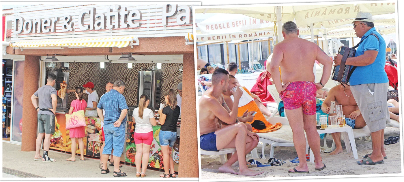 Românii de rând se înfruptă din tot ce au mai bun restaurantele fast-food. Lăutarii de ocazie aduc niscaiva veselie în rândul românilor care se răcoresc cu bere la draft