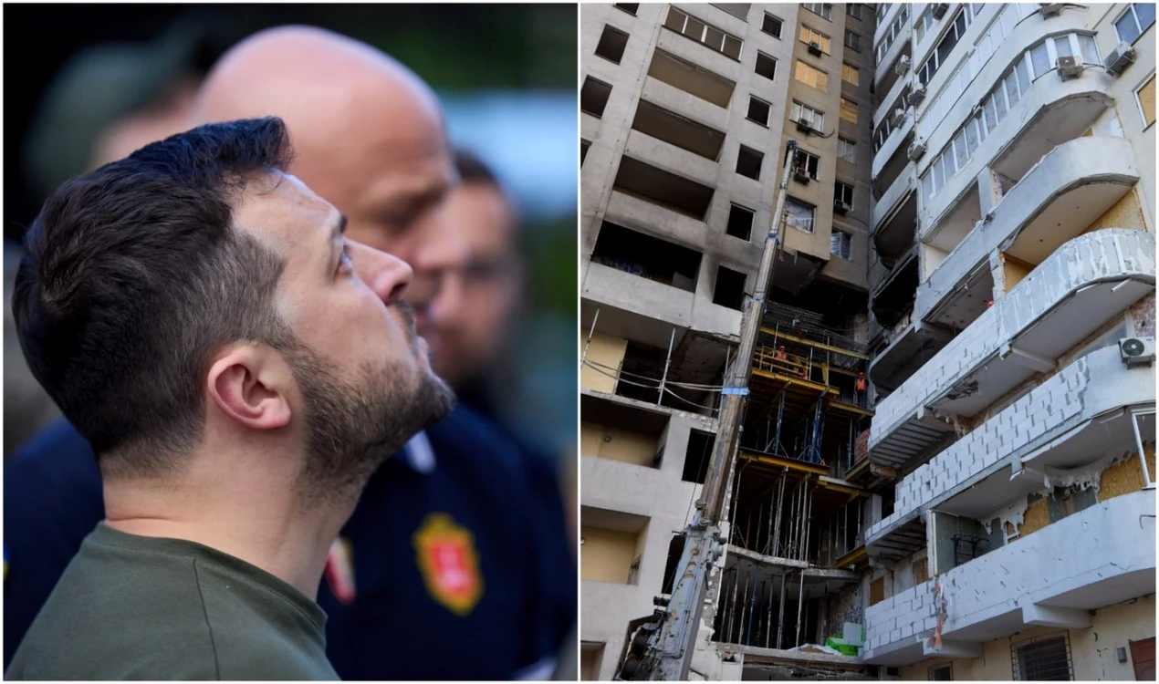 Volodimir Zelenski a vizitat un bloc lovit de rachetă pe 23 aprilie  FOTO Facebook