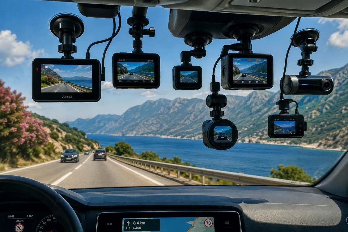 Mașină pe drum costier cu mai multe camere auto de bord în funcțiune