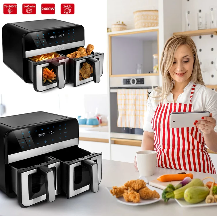 Imagine de prezentare friteuză cu aer cald Lehmann Taste, Airfryer, 2400W, 2x4 5L Foto eMAG jpg