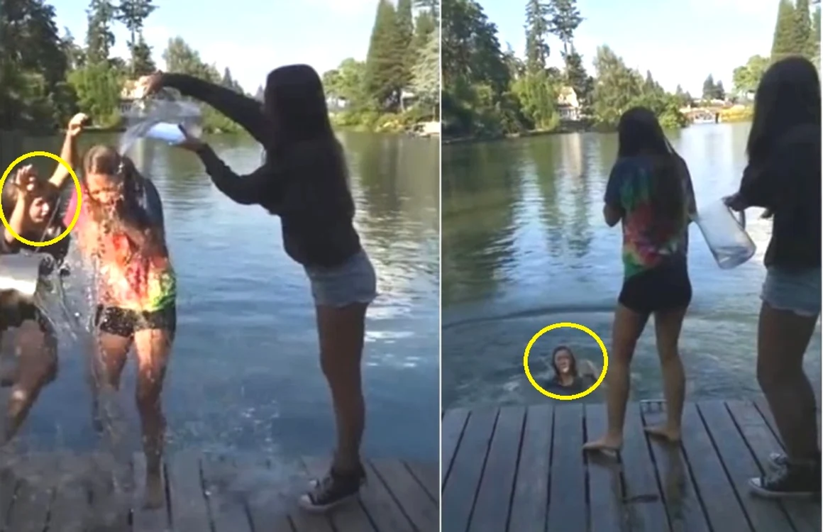 Tânăra din stânga imaginii reuşeşte să se ude mai tare decât colega ei, care a acceptat provocarea Ice Bucket Challenge