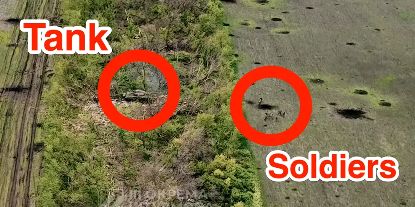 Imagine aeriană a unui tanc al Brigăzii a 3-a de Asalt Separat din Ucraina care alungă soldații ruși