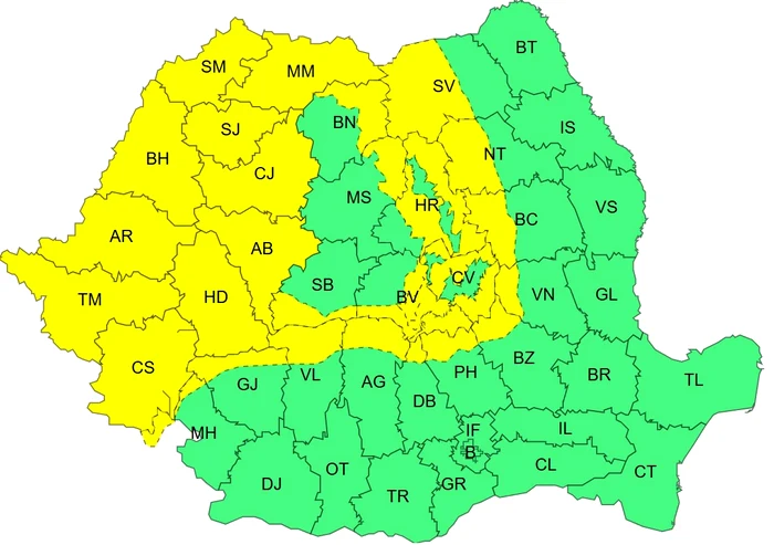 Zonele vizate de cod galben de vânt FOTO: ANM