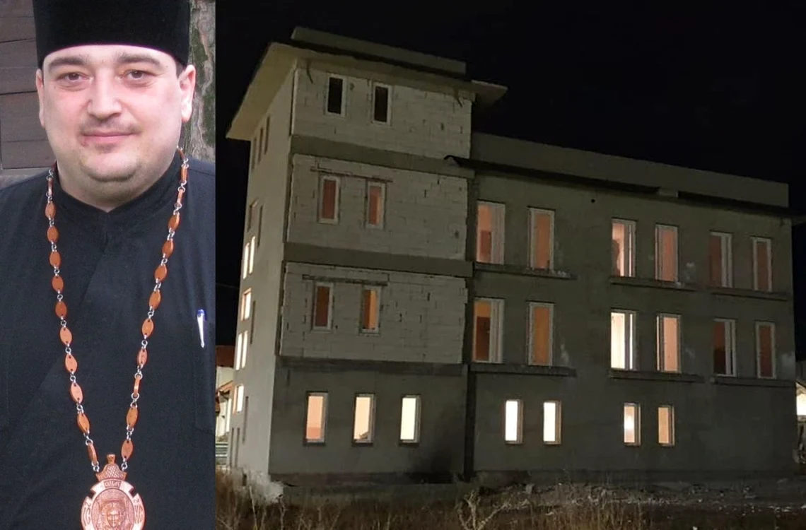 Părintele Claudiu Banu şi un clădirea adăpostul pentru copii şi femei
