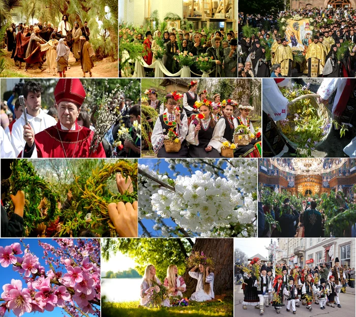 Tradiții și obiceiuri de Florii la creștini ortodocși și catolici din România Colaj