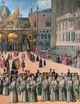Procesiune în piața San Marco din Veneția, la sfârșitul secolului al XV-lea. Pictură de Gentile Bellini (© Wikimedia Commons)