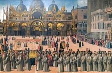 Procesiune în piața San Marco din Veneția, la sfârșitul secolului al XV-lea. Pictură de Gentile Bellini (© Wikimedia Commons)