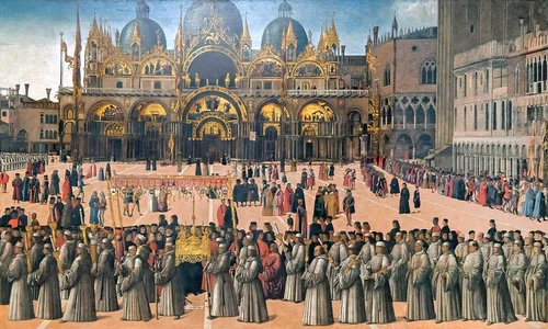 Procesiune în piața San Marco din Veneția, la sfârșitul secolului al XV-lea. Pictură de Gentile Bellini (© Wikimedia Commons)
