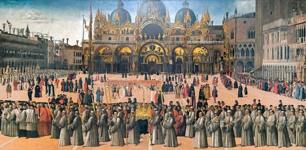 Procesiune în piața San Marco din Veneția, la sfârșitul secolului al XV-lea. Pictură de Gentile Bellini (© Wikimedia Commons)