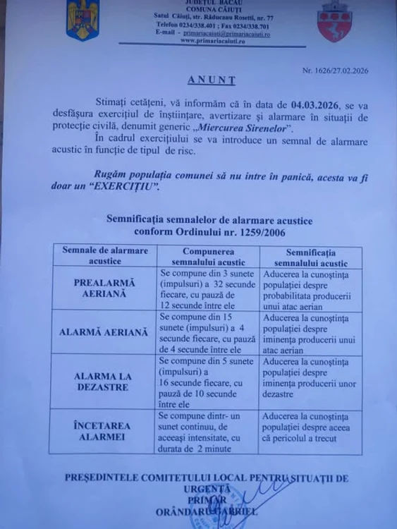 Anunțul publicat de primarul unei comune din județul Bacău Sursa Facebook/Gabriel Orandaru