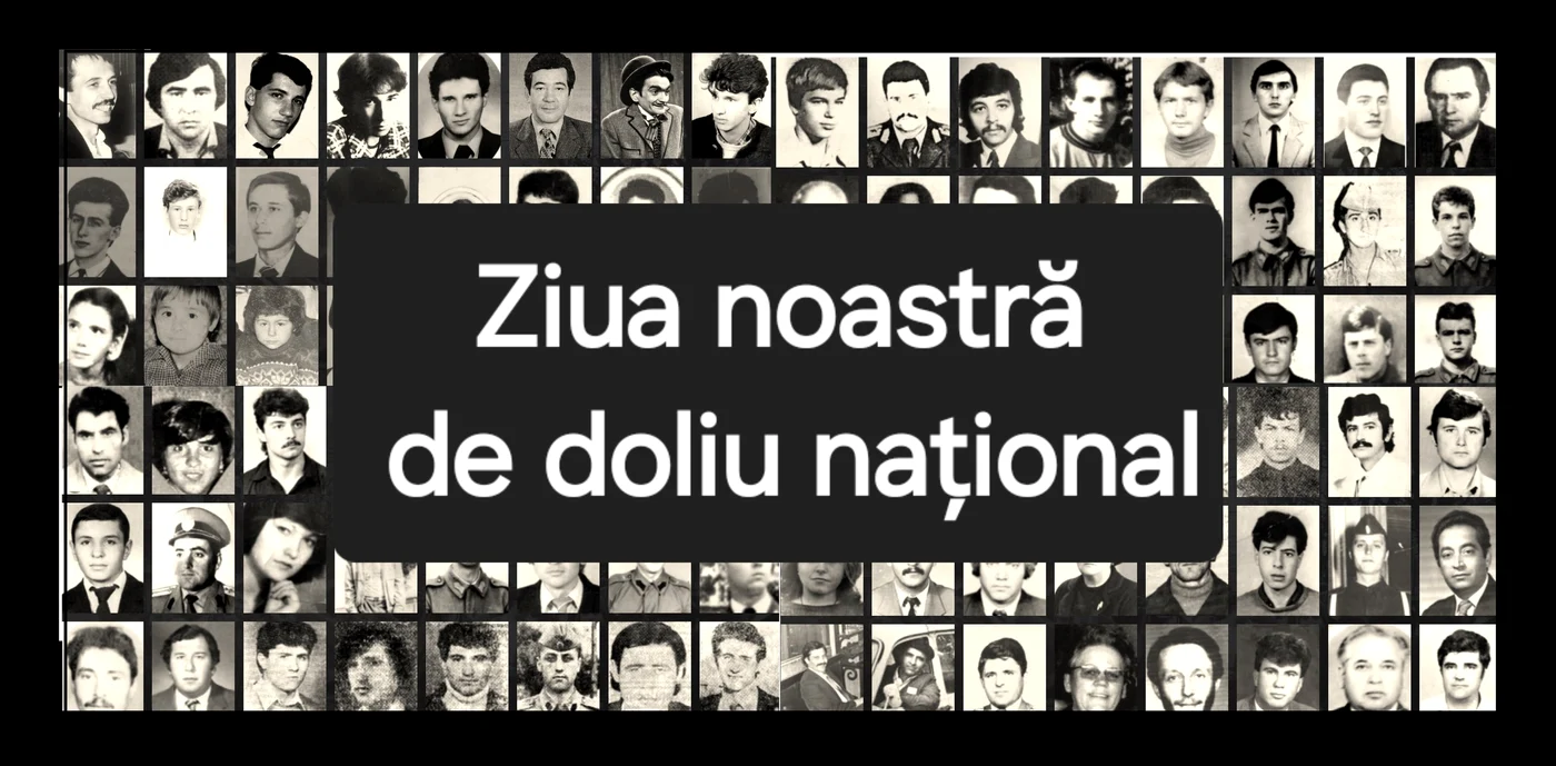 Poetrete alb-negru cu victime ale Revoluției și cu text: ziua noastra de doliu național