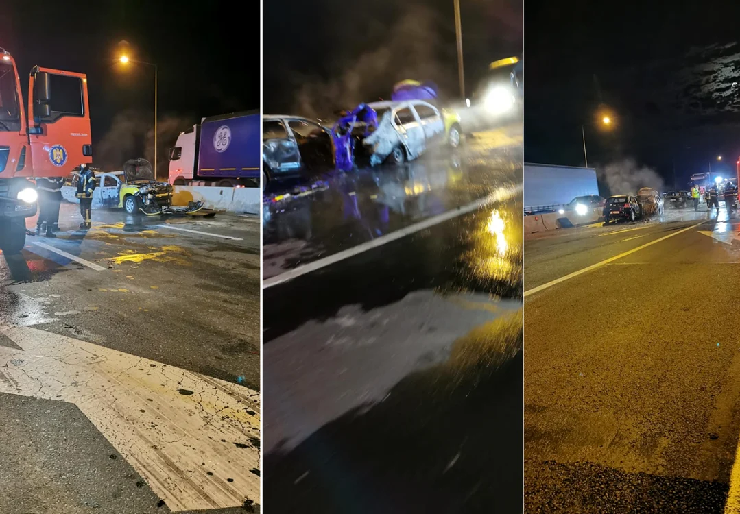 Maşini în flăcări pe DN1 la Veştem - Sibiu după o coliziune în lanţ - doi şoferi la spital Foto colaj Adevărul - credit Leu Greu