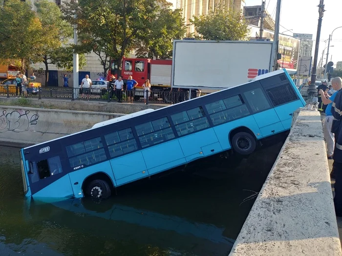Un autobuz al Societăţii de Transport Bucureşti (STB), marca Otokar, s-a răsturnat, sâmbătă dimineaţa, în râul DâmboviţaFoto: news.ro