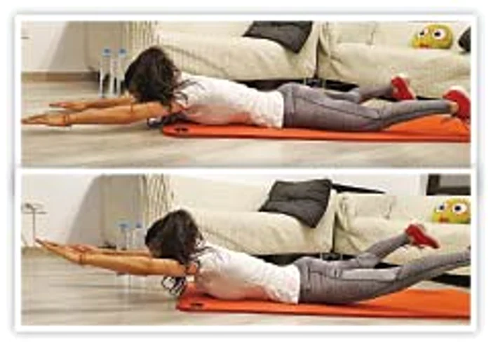 Pentru spate. Stai întinsă pe burtă cu mâinile întinse în faţă. Ridică simultan mâinile şi picioarele, apoi relaxează.