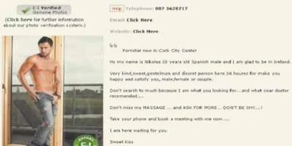 Nikolas are o pagină dedicată pe cel mai cunoscut  site de escorte din Irlanda