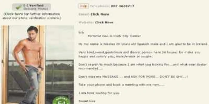 Nikolas are o pagină dedicată pe cel mai cunoscut site de escorte din Irlanda