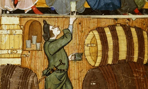 Un pivnicer printre butoaie. Miniatură medievală de la sfârșitul secolului al XIV-lea, aflată în colecția British Library (© Wikimedia Commons)