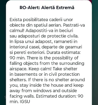 Mesaj RO-Alert FOTO: captură 