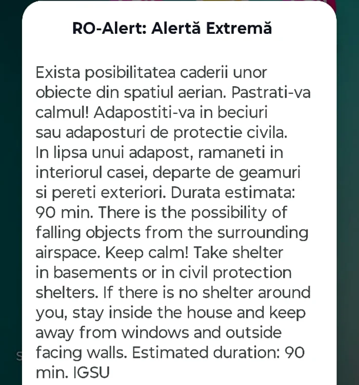 Mesaj RO-Alert FOTO: captură