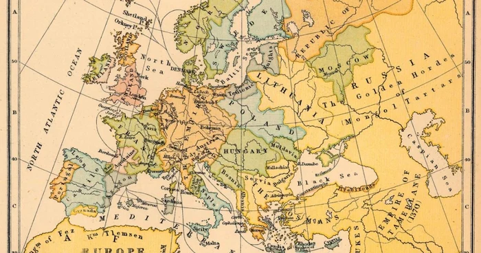 O variantă a hărţii Europei la sfârşitul secolului al XIV lea  realizată de Logimans Green &co. London, New York & Bombay FOTO emersonkent.com