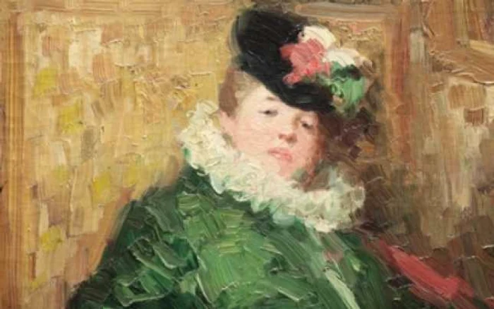 Detaliu cu tabloul „Colombina în verde“ a lui Nicolae Grigorescu