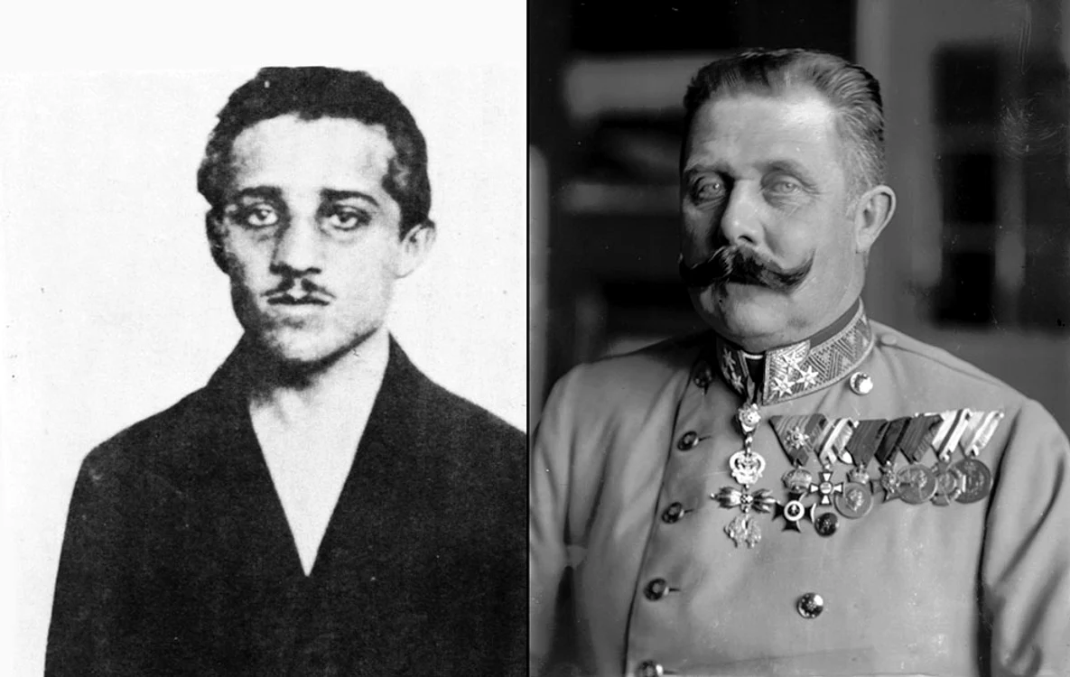 Gavrilo Princip (stânga) şi victima sa,  Arhiducele Franz Ferdinand,  ambii fotografiaţi în 1914. Princip era un tânăr bosniac de 19 ani,  recrutat împreună cu alţi cinci băieţi de Danilo Ilic,  tot un bosniac,  membru al societăţii secrete terorise Mâna Neagră. Scopul lor era crearea unei naţiuni sârbe. Conspiraţia a fost rapid descoperită,  dar atacul a devenit catalizatorul care a făcut ca armate puternice şi mari să marşeze rapid una spre cealaltă în toată lumea. Toţi criminalii au fost capturaţi şi judecaţi. 13 au primit sentinţe cu închisoarea - inclusiv Princip,  care era prea tânăr pentru a fi condamnat la moarte. Alţi trei au fost executaţi prin spânzurare. La patru ani de la comiterea asasinatului,  Gavrilo Princip a murit în închisoare,  de tuberculoză. 
