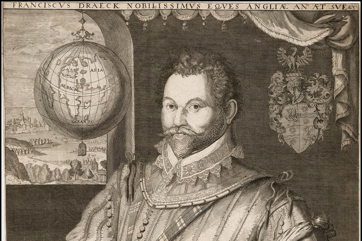 Sir Francis Drake. Portret de Jodocus Hondius I, din 1583 (© Wikimedia Commons)