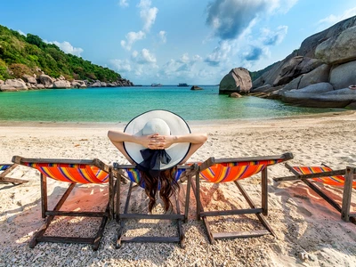 woman with hat sitting chairs beach beautiful tropical beach woman relaxing tropical beach koh nangyuan island jpg