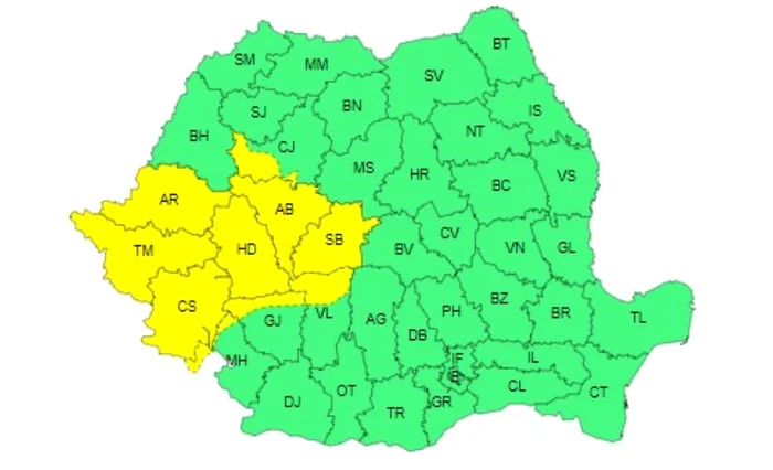 Harta cu județele aflate sub Codul galben de instabilitate atmosferică.
