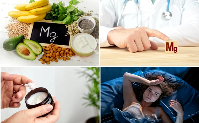 imagini cu magneziu sub diverse forme și cu o femeie cu insomnie