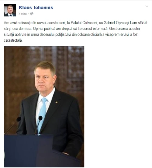 Mesajul lui Klaus Iohannis a fost publicat şi pe Facebook