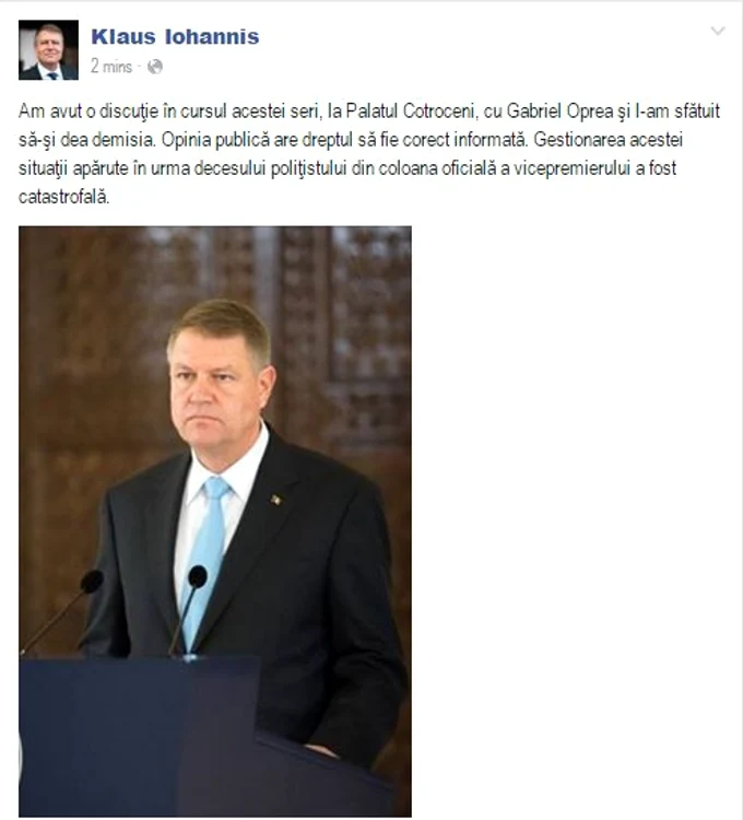Mesajul lui Klaus Iohannis a fost publicat şi pe Facebook