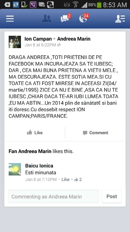 Mesaj pentru Andreea Marin (Foto: Facebook)