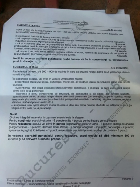 Subiecte Română bac 2015, sesiunea de toamnă: la partea a treia,liceeni au avut de caracterizat un personaj