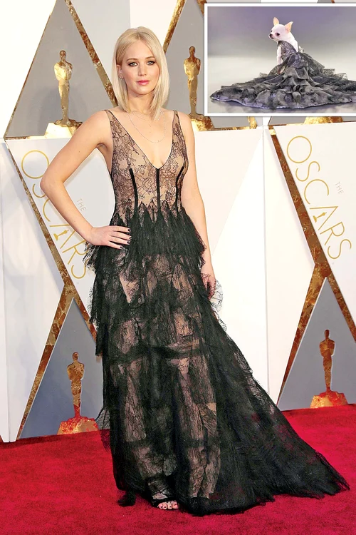 Jennifer Lawrence (28 de ani) în ţinută Dior. Rochia neagră imită întru totul ţinuta sexy a lui Jennifer Lawrence