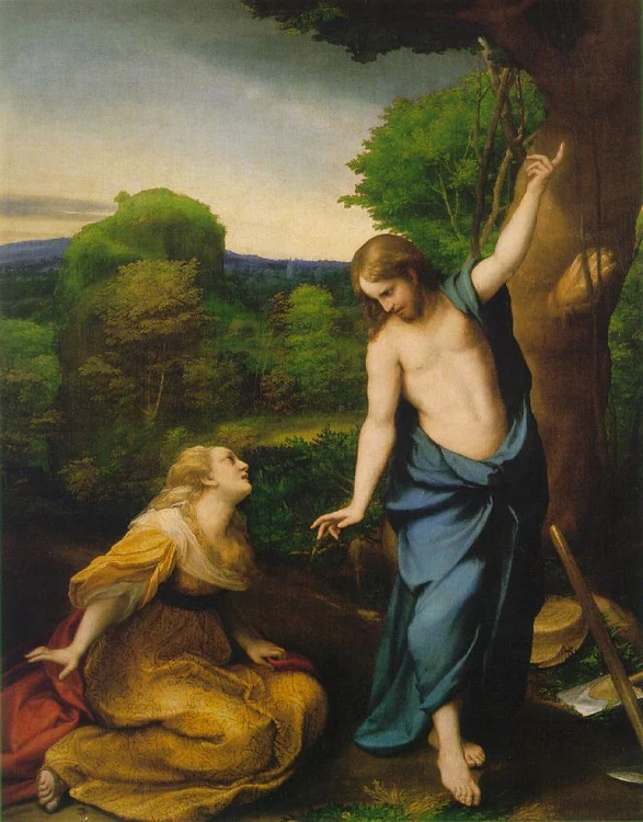 
    Iisus în timp ce i se arată Mariei Magdalena, după ce a înviat. Pictura "Noli me Tangere" (circa 1534) a artistului Antonio Allegri da CorreggioFoto: wikipedia.org  