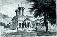 Biserica Mănăstirii Hurezi, în 1860, desen de Dieudonné Lancelot