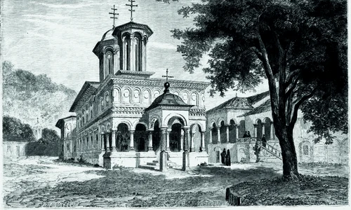 Biserica Mănăstirii Hurezi, în 1860, desen de Dieudonné Lancelot